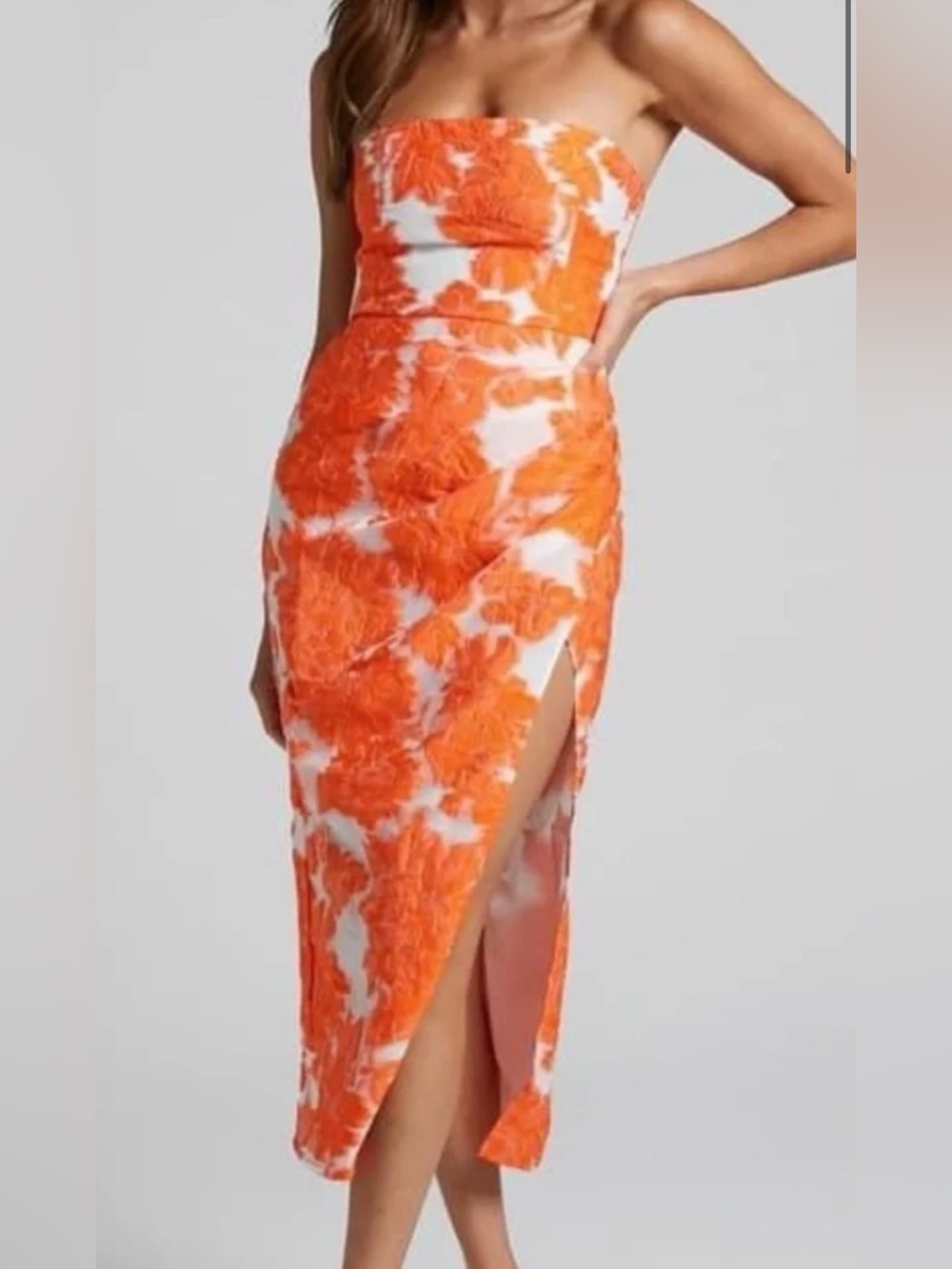 Showpo Brailey Strapless Jacquard Midi Dress Orange White US 2 NWT